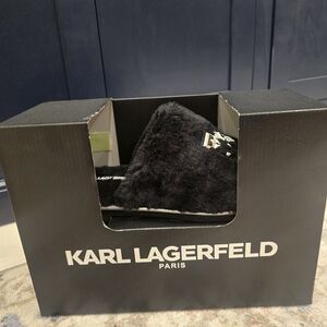 Karl Lagerfeld Black Faux Fur Slide Sandals